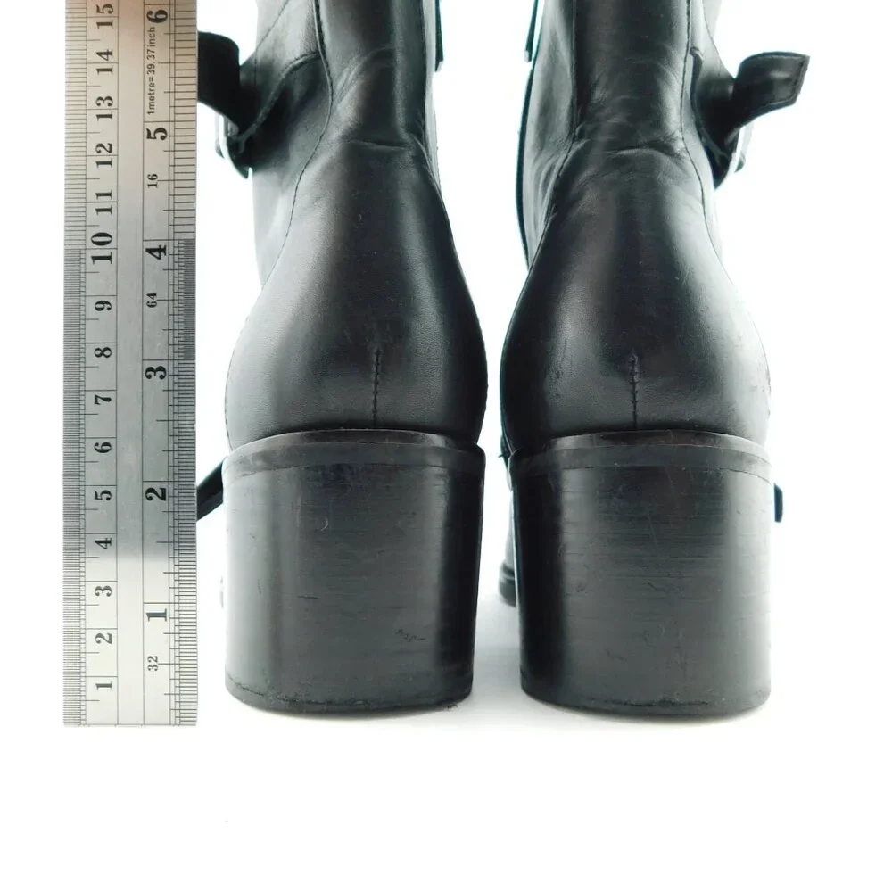 DONALD PLINER Black Leather Strap & Zipper Block Heel Ankle Boots 9.5